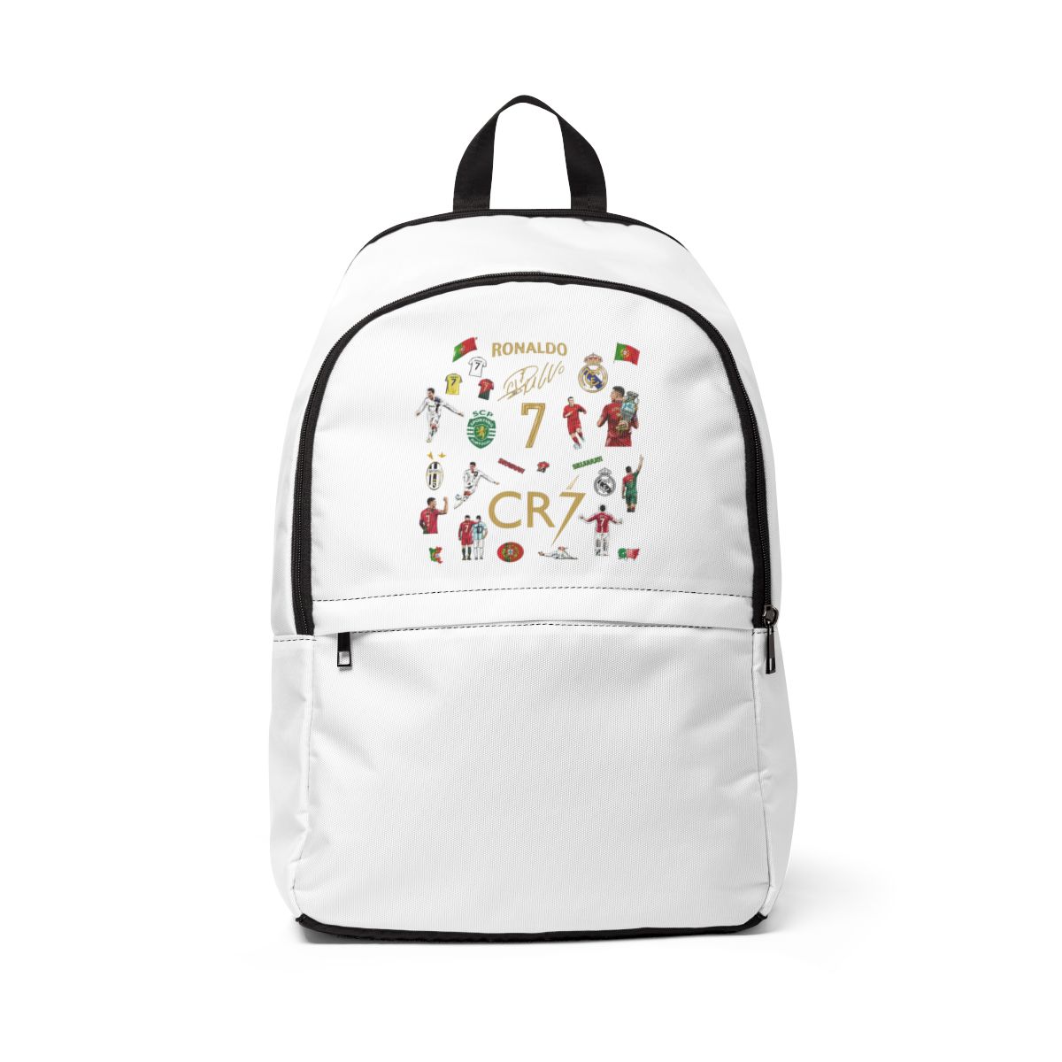 Black Bags with a design featuring soccer imagery, including the number 7, the name "RONALDO", and the initials "CR7". The Bags has a top handle, a front pocket, and a zip closure