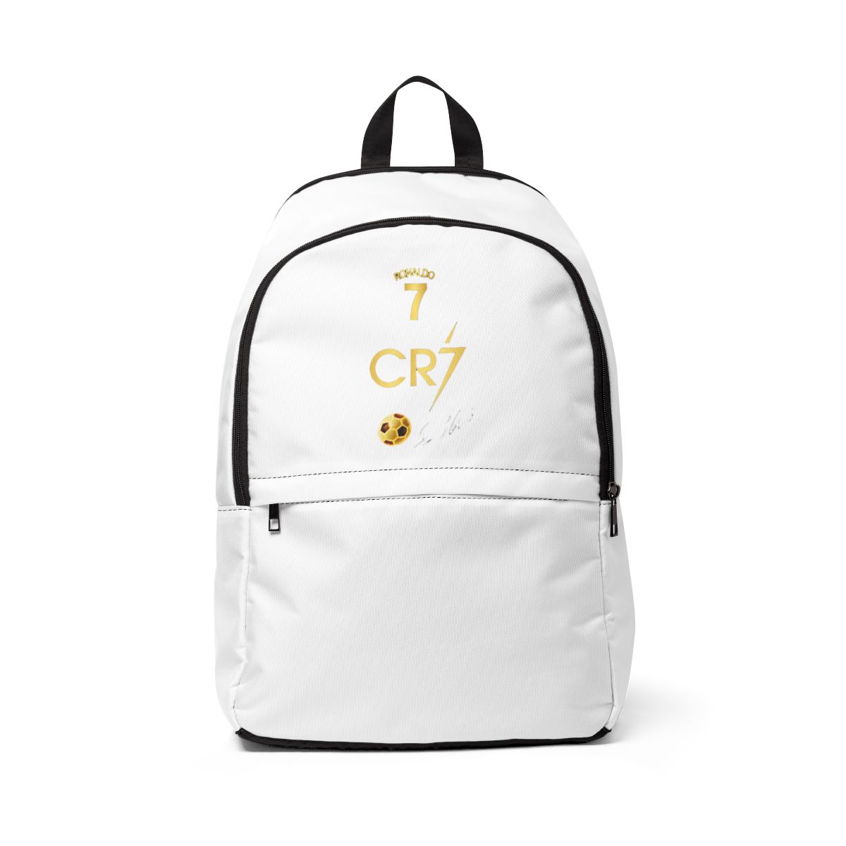 Black Bags with a gold design featuring the name "Ronaldo" and the number "7" along the text "CR7" and a football flames