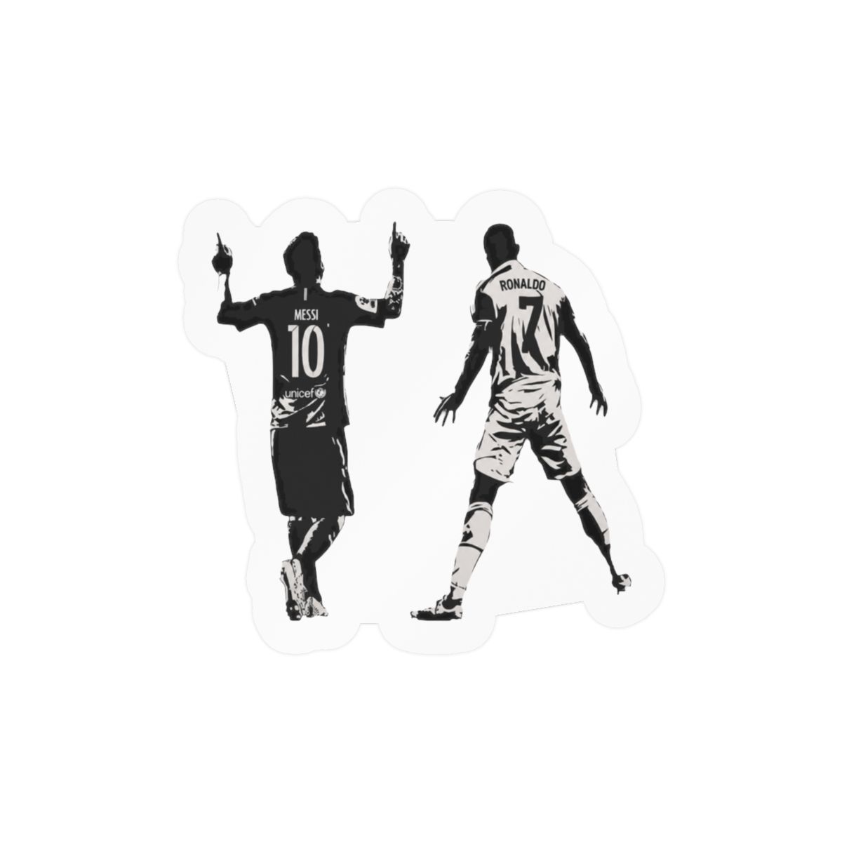 Black and white silhouette wall decal of two soccer players, one with the name "Messi" and the number "10" on their jersey, the other with the name "Ronaldo" and the number "7" on their jersey