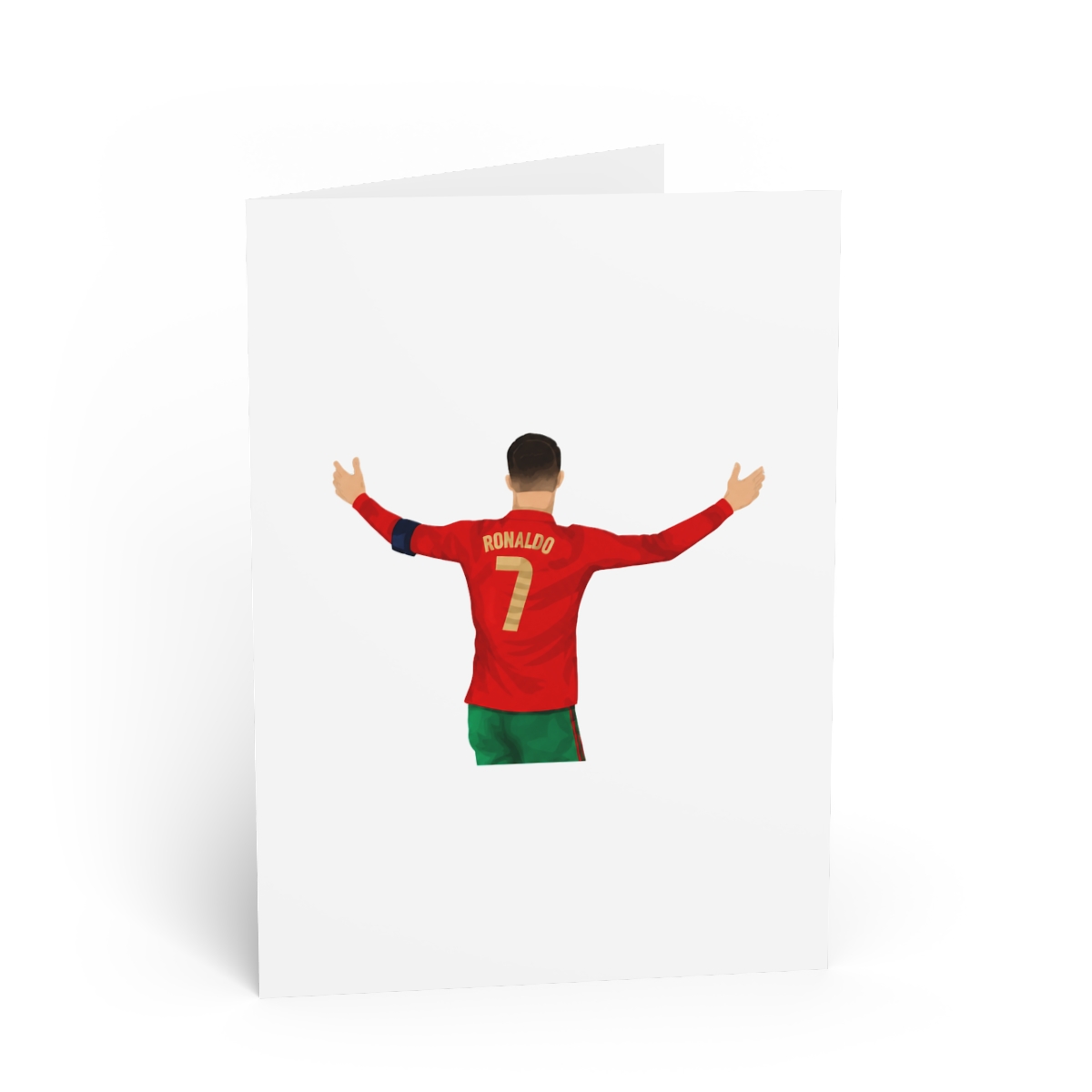 Happy Birthday to Siuuuuuu! Greeting card featuring a footballer wearing a red jersey with the number 7 and the name Ronaldo on the back. The player is standing on a green and white football pitch