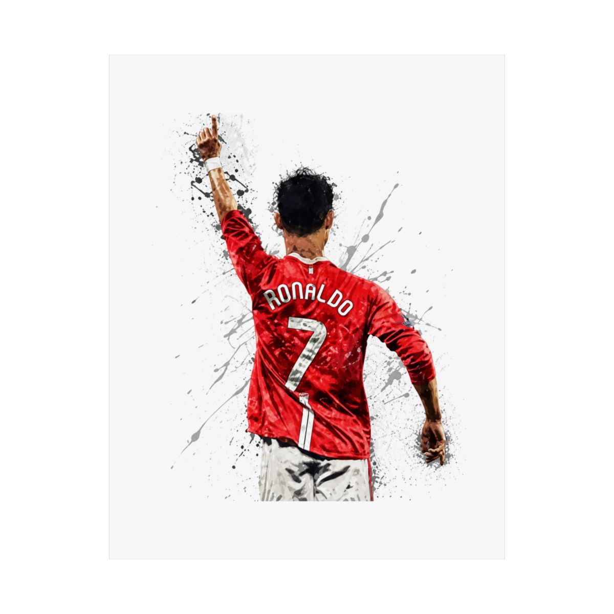 A digital art print of a football player wearing a red and white jersey with the name "RONALDO" and the number "7" on the back. The player is raising their arm in celebration. The background is white...