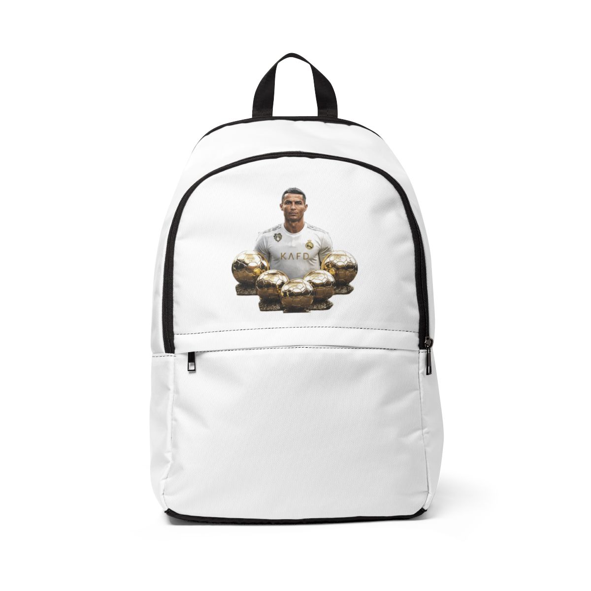 Black Bags with a gold "RONALDO 7 CR7" design and a photo of a footballer with golden trophies. The bag has a zipped front pocket, padded shoulder straps, and a top handle